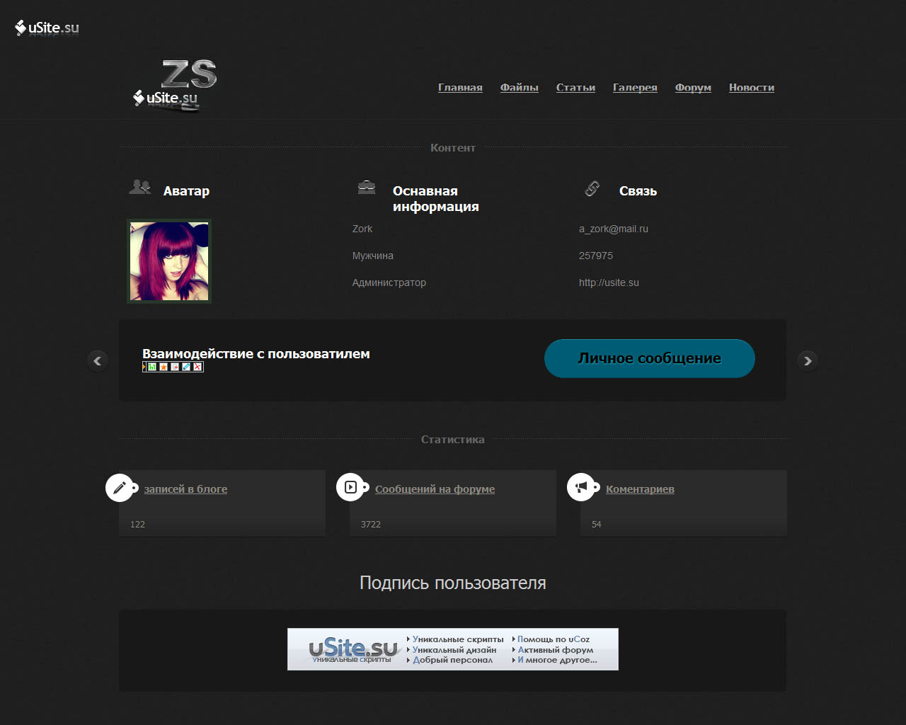 Темный профиль пользователя на html5 для uCoz